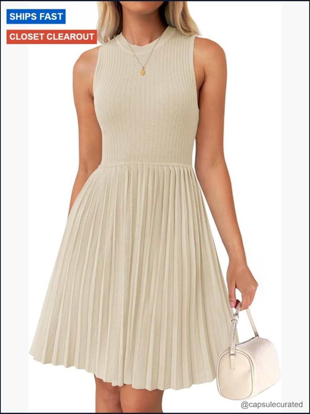 Sleeveless Mini Dress Crewneck A Line Pleated Knit Swing Casual Work Party